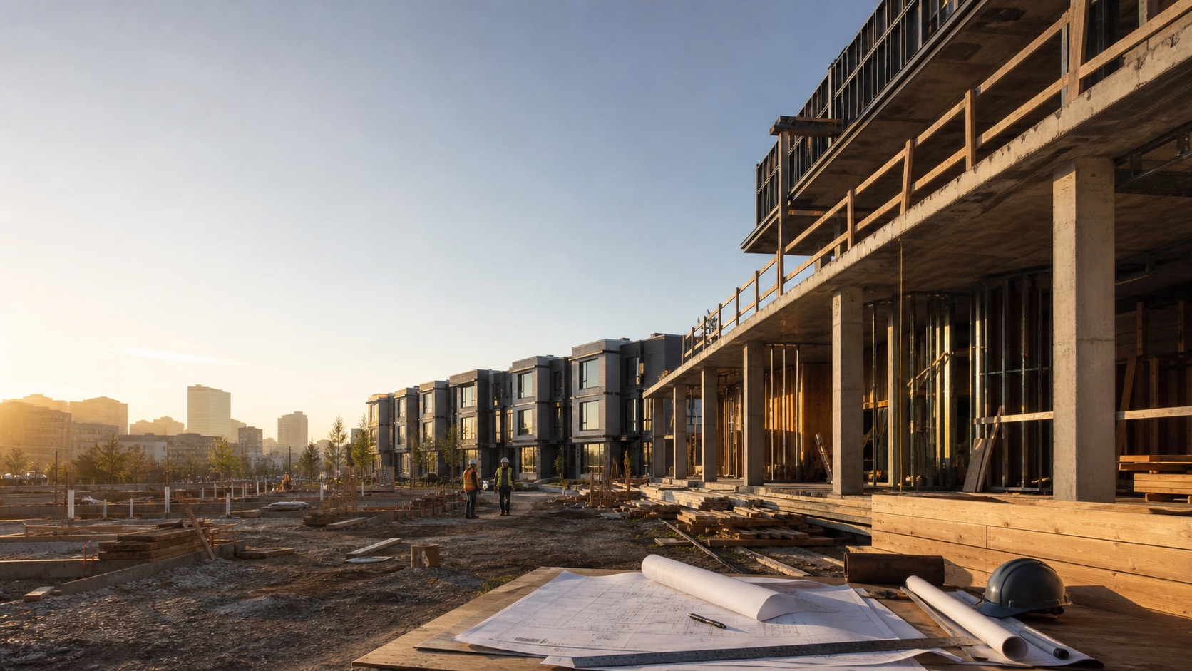 Active urban infill construction beside completed contemporary residences